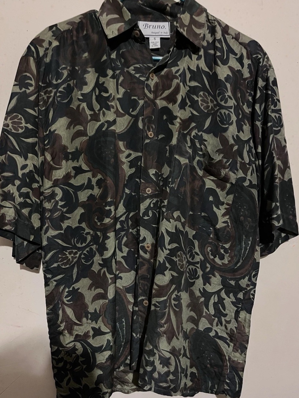 Bruno Men's S Short Sleeve Floral Black Brown Olive Silk Button-Up Shirt